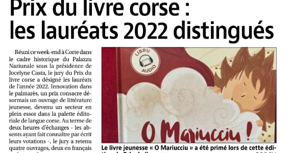 "O Mariucciu !" Lauréat du Prix du livre corse 2022
